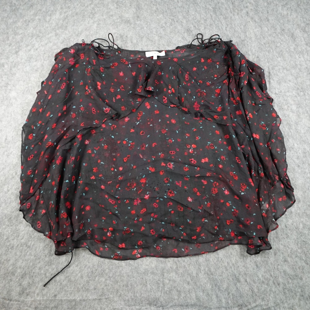 IRO Top Women US 6 38 Black Red Floral Rose Ruffle Sheer Boho Romantic FLAWED